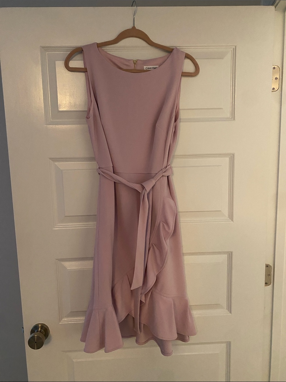 Calvin Klein Blush Sleeveless Ruffle Hem Belted Mini Dress